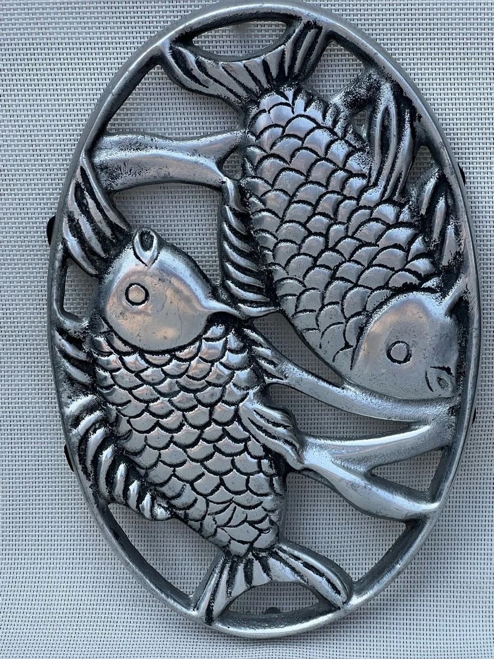 Silver Metal Koi Fish Trivet Hot Plate Coastal Kitchen Decor 11”